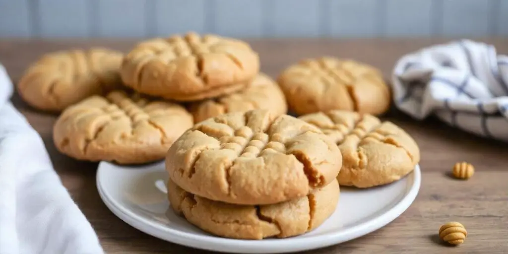 Flourless peanut butter cookies arranged on a tray with fork imprints.