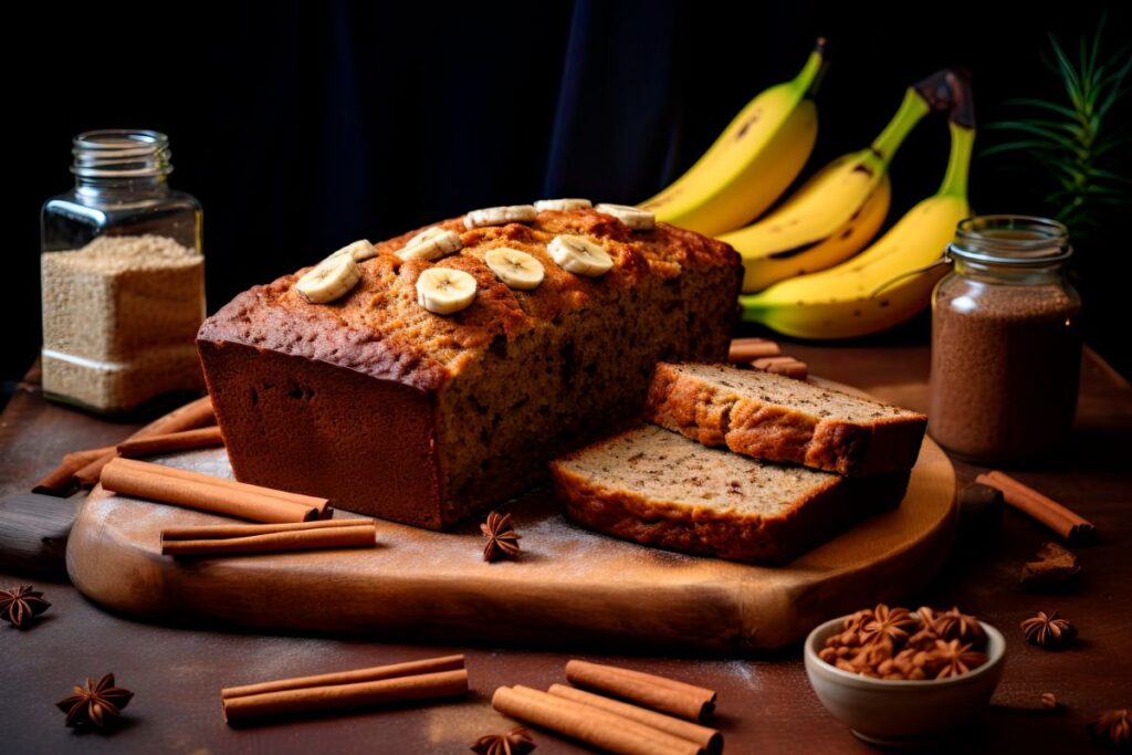 Freshly baked ingredient banana bread sliced and ready to serve on a rustic wooden board