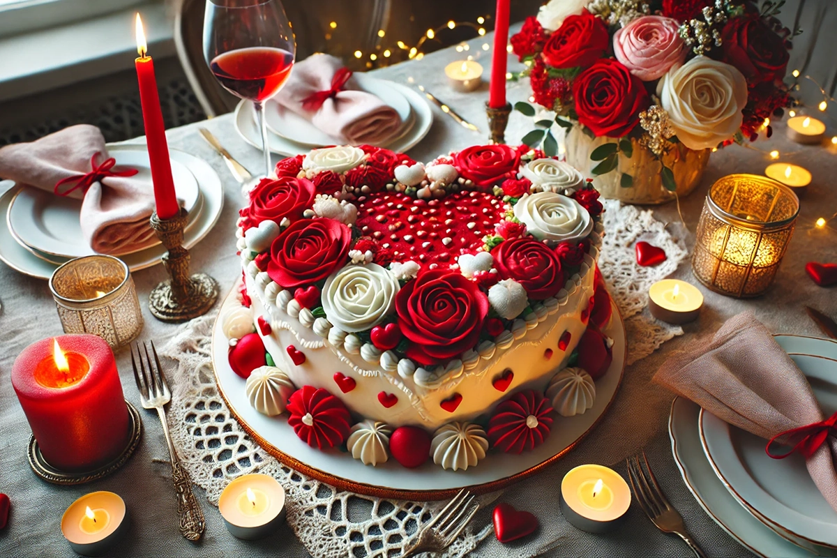 Overhead view of a heart-shaped cake in progress with round and square cake pans.