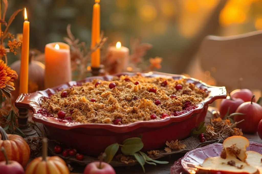 A freshly baked apple cranberry crisp topped with oats and served with vanilla ice cream.