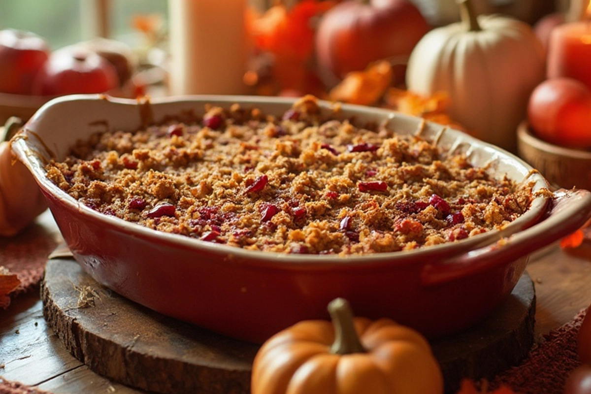 A freshly baked apple cranberry crisp topped with oats and served with vanilla ice cream.