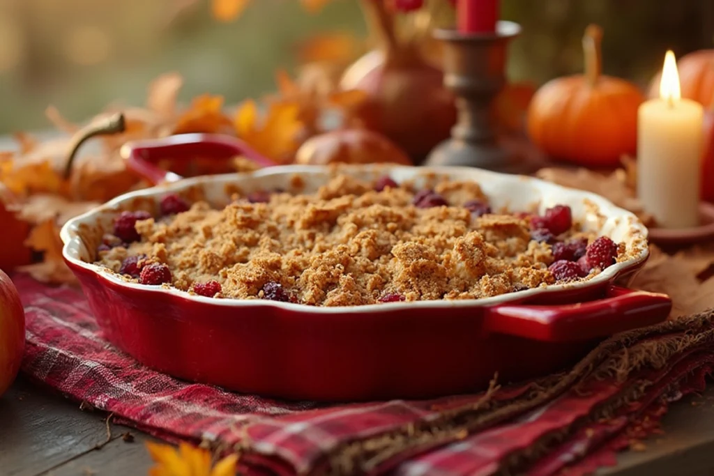 A freshly baked apple cranberry crisp topped with oats and served with vanilla ice cream.