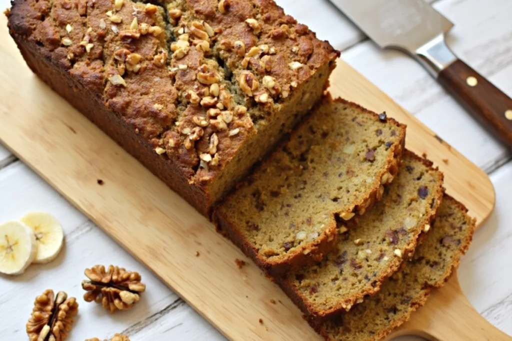 Freshly baked Banana and Zucchini Bread with a golden-brown crust, topped with walnuts.