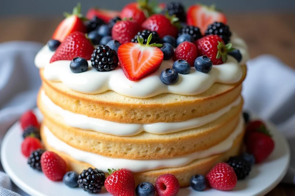 A beautifully decorated Berry Chantilly Cake with fresh berries and whipped Chantilly cream frosting.