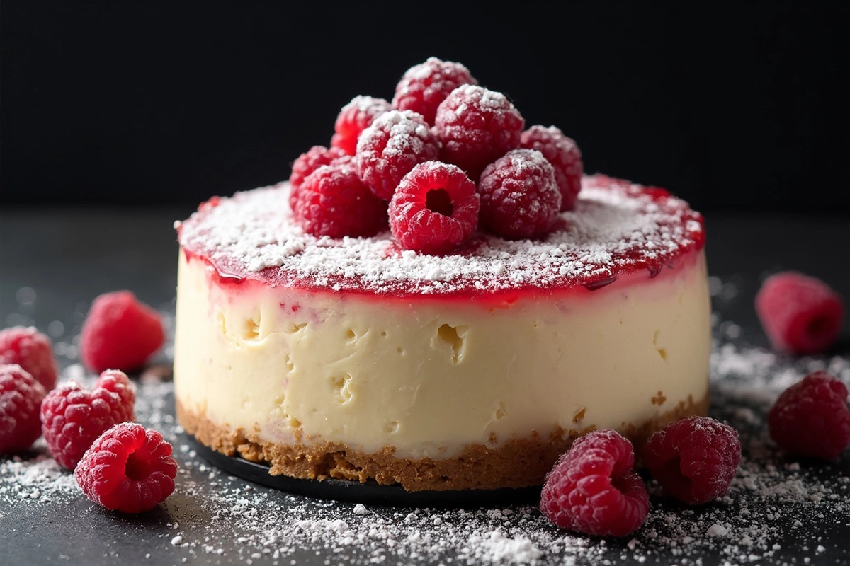 A cheesecake topped with fresh and frozen raspberries, demonstrating the comparison between both options in cheesecake recipes.