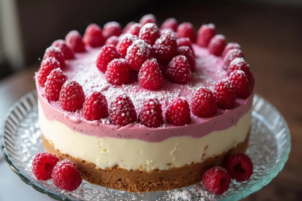 A cheesecake topped with fresh and frozen raspberries, demonstrating the comparison between both options in cheesecake recipes.