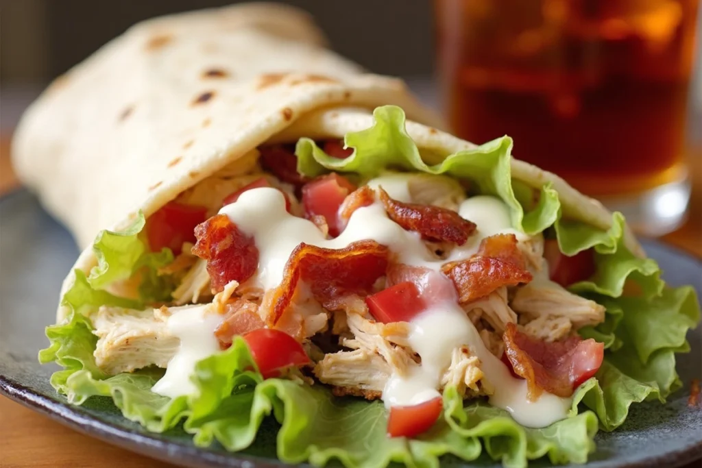 Chicken bacon ranch wrap with grilled chicken, crispy bacon, and fresh vegetables