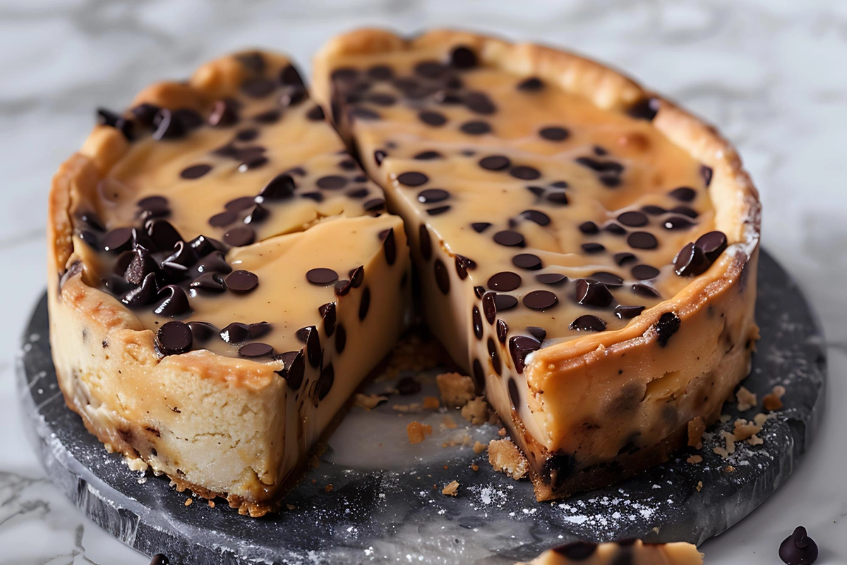 A slice of rich chocolate chip cheesecake with a graham cracker crust