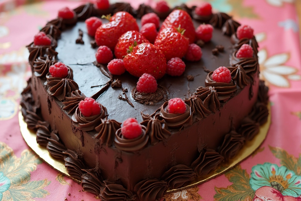 A beautifully decorated chocolate heart shape cake, perfect for Valentine’s Day or special celebrations.