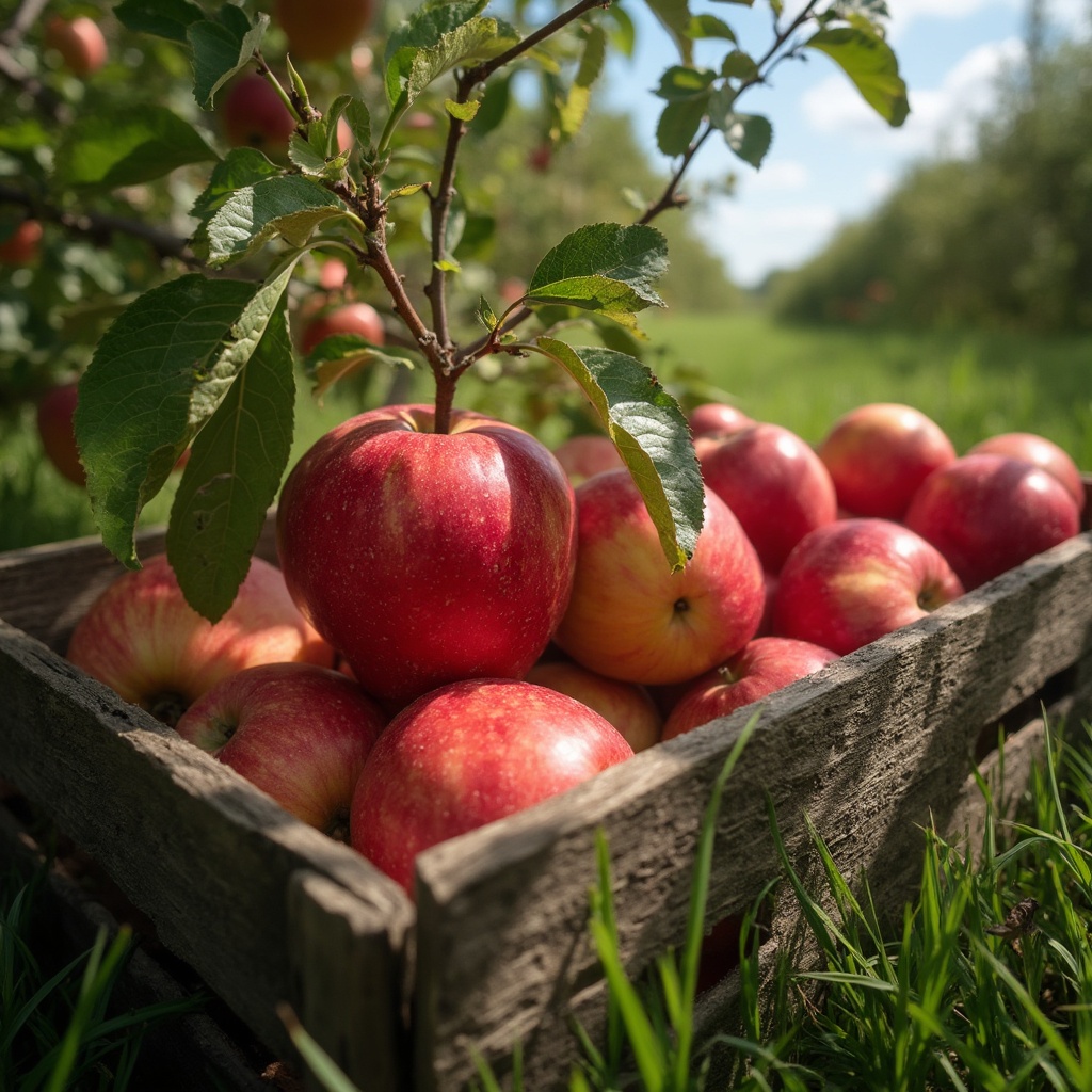 A vibrant Crimson Crisp apple hanging from a tree, ready to be harvested.