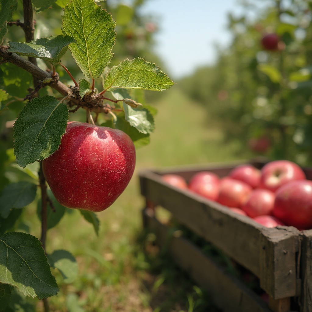 A vibrant Crimson Crisp apple hanging from a tree, ready to be harvested.