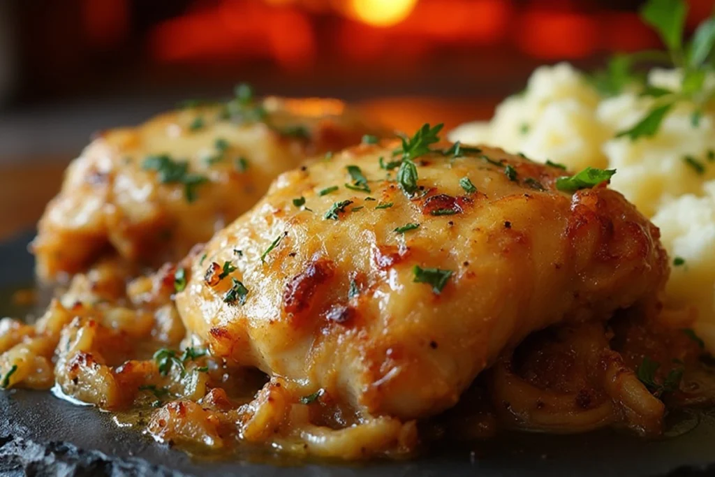 Crockpot French Onion Chicken topped with melted cheese and caramelized onions.