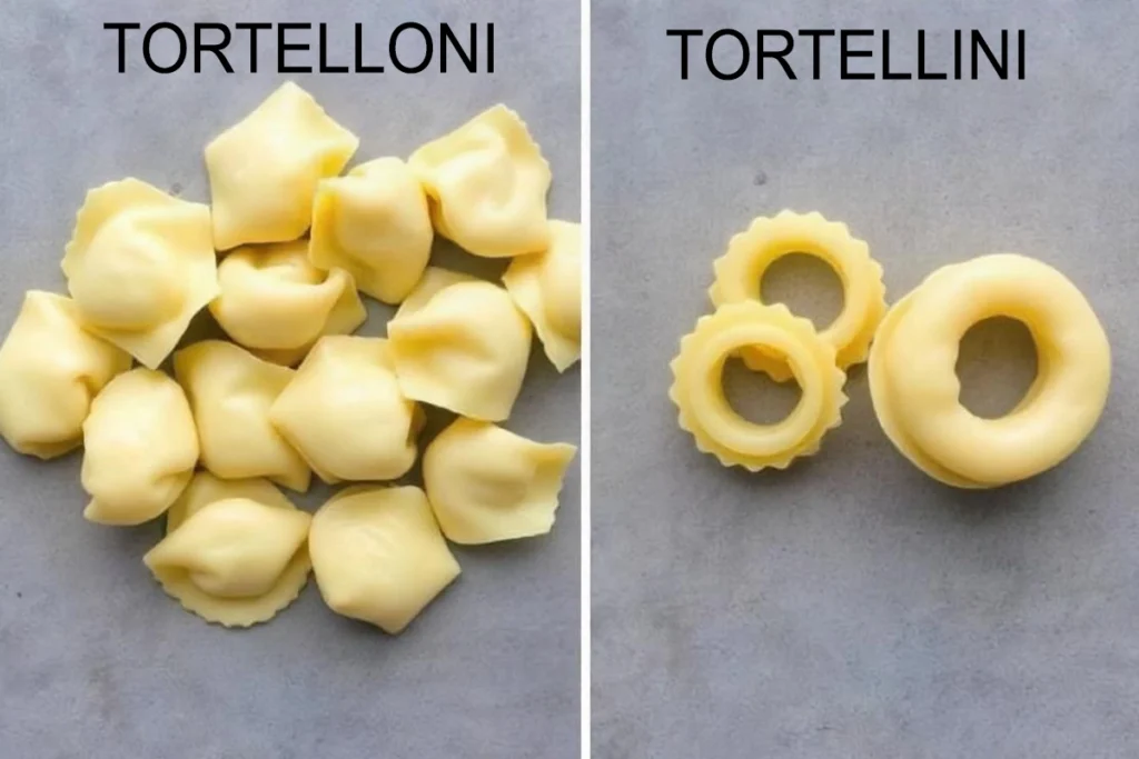 Tortellini and tortelloni pasta on a wooden board, showing their size difference.