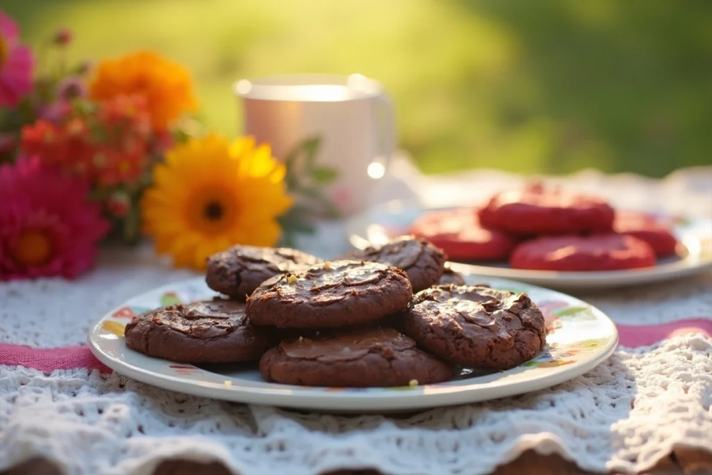 A comparison between chocolate cookies and red velvet cookies showcasing their distinct textures and colors.