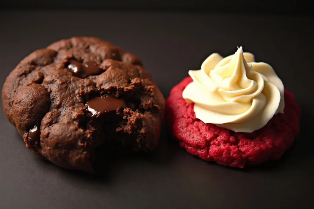 A comparison between chocolate cookies and red velvet cookies showcasing their distinct textures and colors.