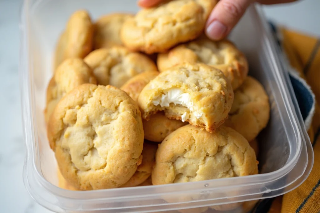 Cream cheese filled cookies stored in an airtight container.