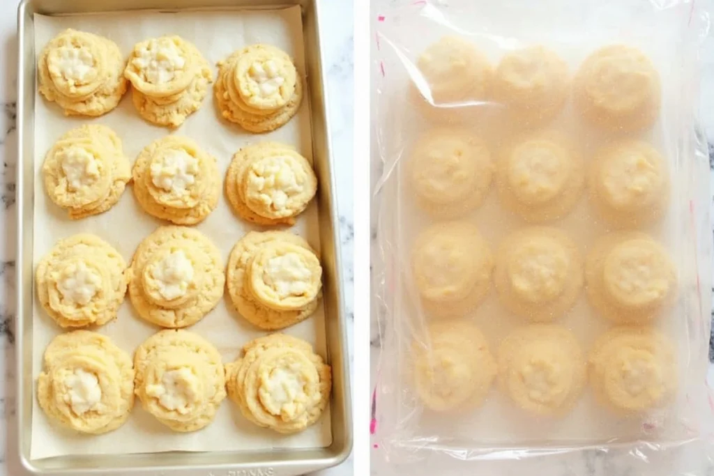 Cream cheese filled cookies stored in an airtight container.