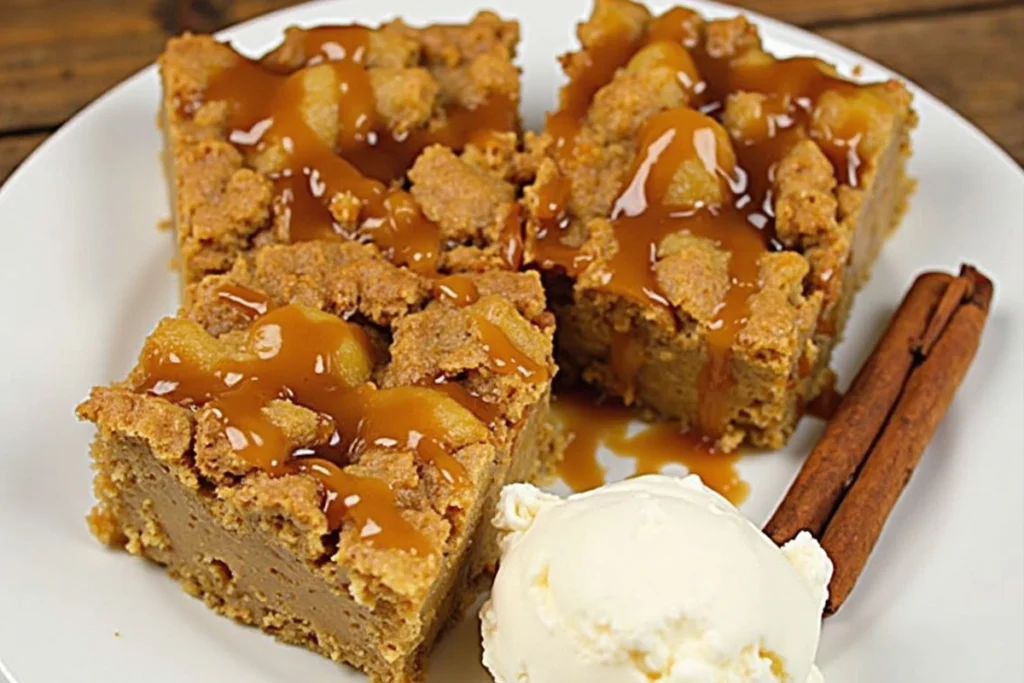 Warm Caramel Apple Dump Cake topped with caramel sauce and served with a scoop of vanilla ice cream.