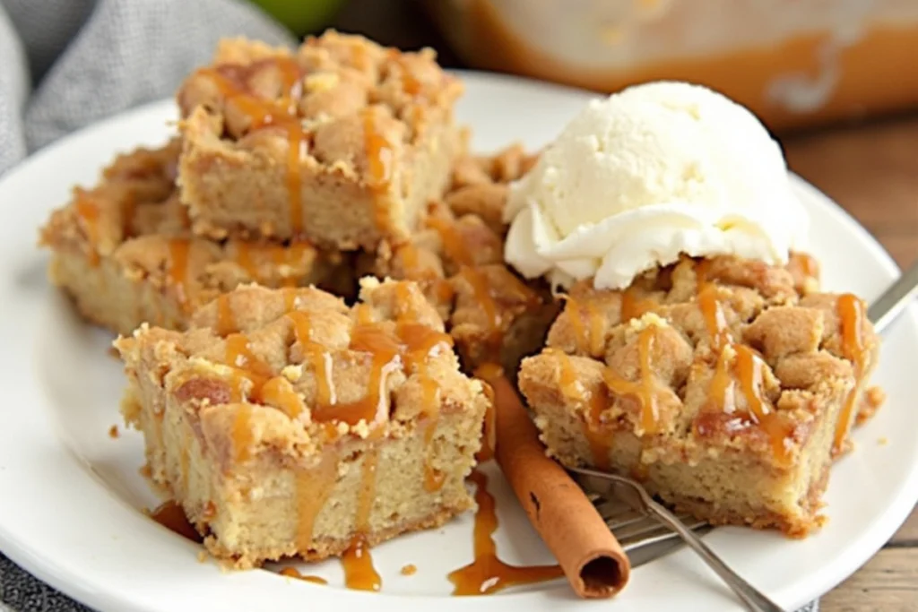 Warm Caramel Apple Dump Cake topped with caramel sauce and served with a scoop of vanilla ice cream.