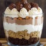 A Ferrero Rocher Dream Trifle with layers of Nutella mousse, hazelnut crumbs, and whipped cream, topped with Ferrero Rocher chocolates.