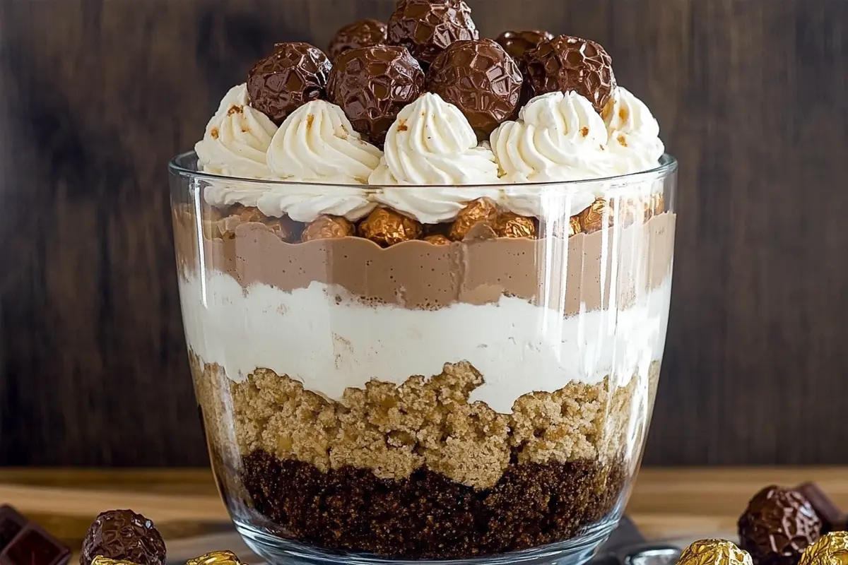 A Ferrero Rocher Dream Trifle with layers of Nutella mousse, hazelnut crumbs, and whipped cream, topped with Ferrero Rocher chocolates.