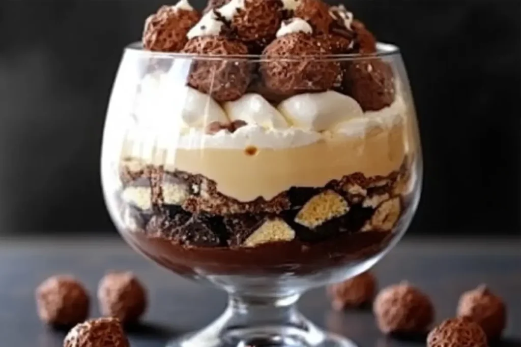 Layered Ferrero Rocher trifle with Nutella mousse, hazelnut crumbs, and chocolate cake, topped with Ferrero Rocher chocolates.