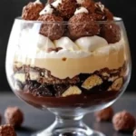 Layered Ferrero Rocher trifle with Nutella mousse, hazelnut crumbs, and chocolate cake, topped with Ferrero Rocher chocolates.