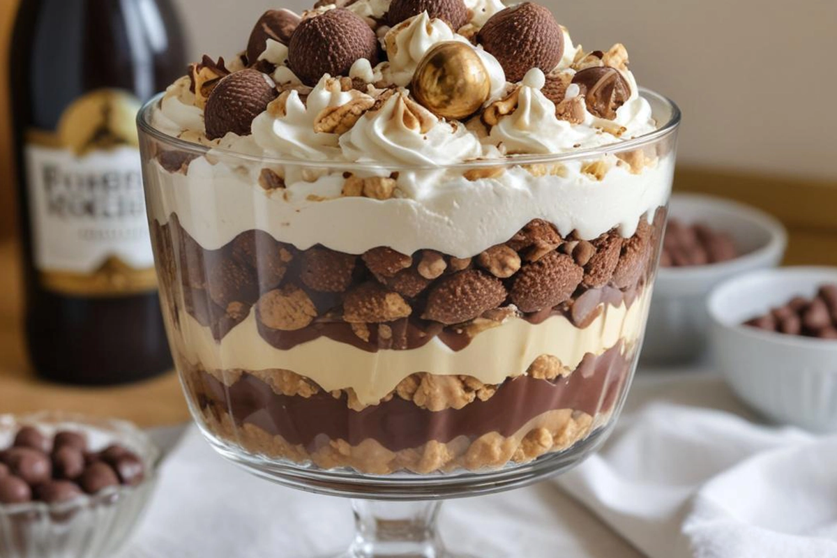 Layered Ferrero Rocher Dream Trifle with whipped cream, Nutella, and hazelnut crumbs