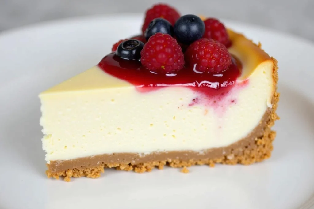 A slice of gluten-free Philadelphia cream cheese no-bake cheesecake