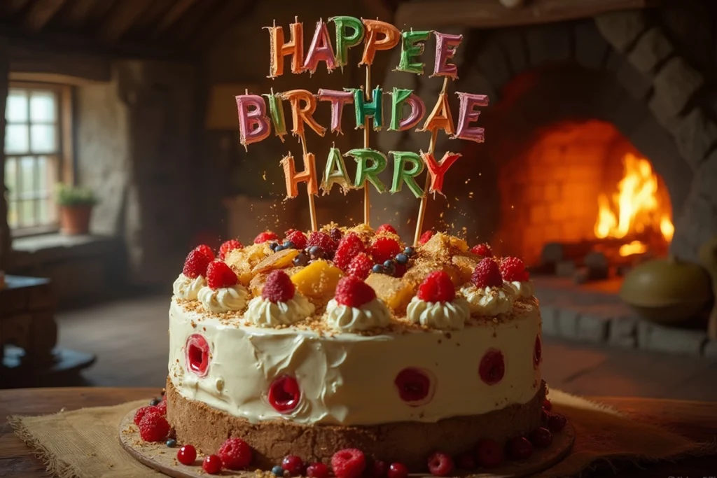 Hagrid’s homemade birthday cake for Harry Potter, featuring HAPPEE BIRTHDAE HARRY