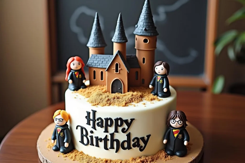 A beautifully decorated Harry Potter Cake with fondant decorations of Hogwarts, a golden snitch, and house colors.