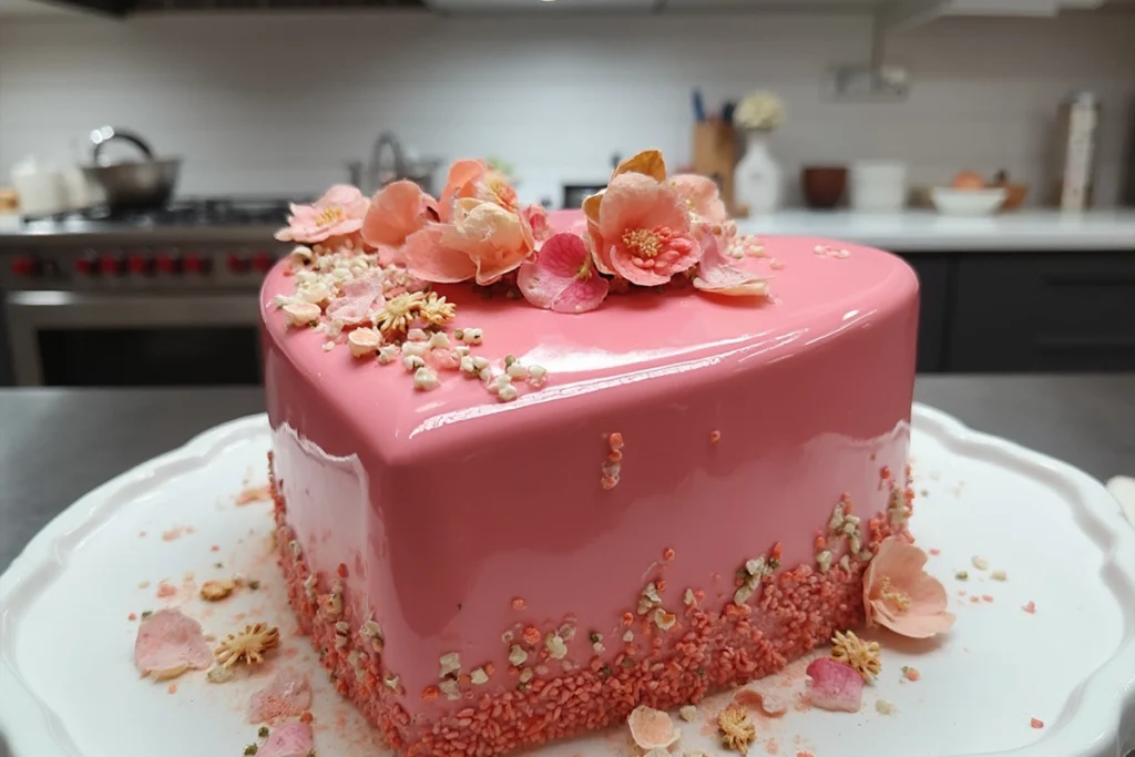 A beautifully decorated heart shape cake with fondant and buttercream roses, perfect for celebrations like Valentine’s Day or weddings.