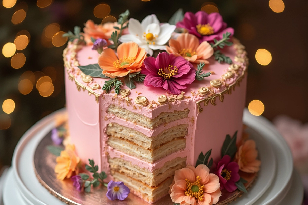 A beautifully decorated heart shape cake with fondant and buttercream roses, perfect for celebrations like Valentine’s Day or weddings.