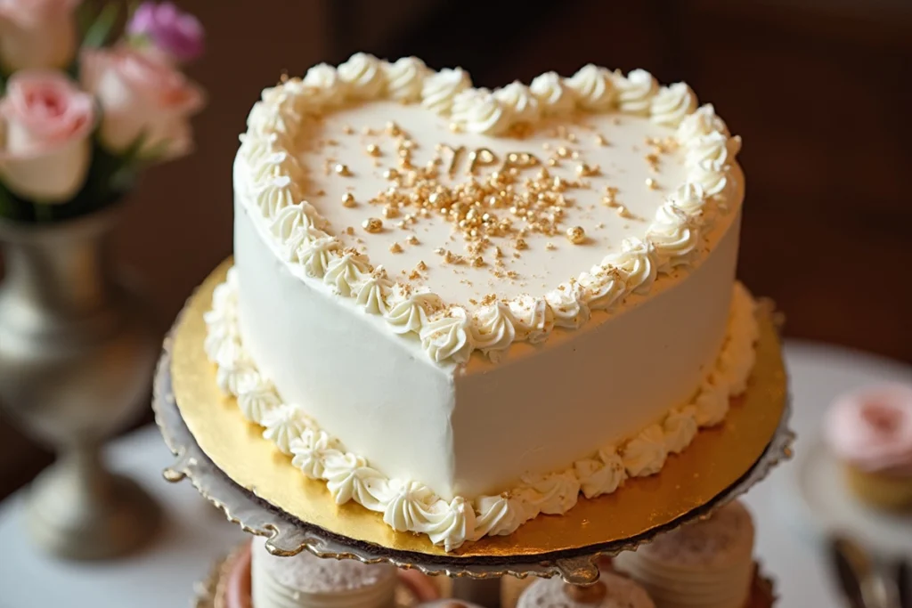 A beautifully decorated heart shape cake with buttercream frosting and personalized birthday decorations.