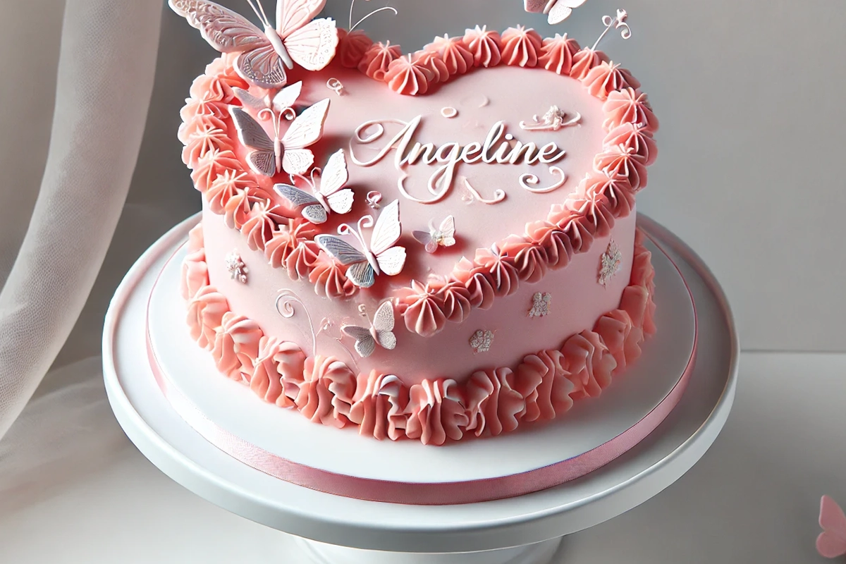 Heart-shaped pink cake with delicate ruffles and butterfly decorations, featuring the name "Angeline" in cursive.