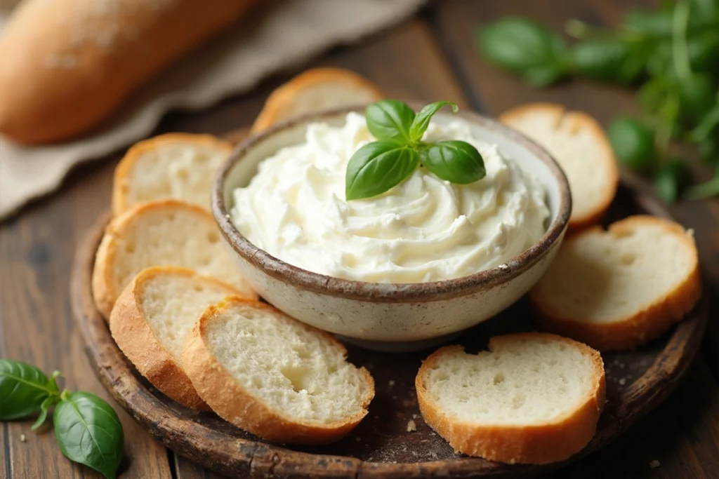 A bowl of creamy white cream cheese on a wooden table with gluten-free bread slices.