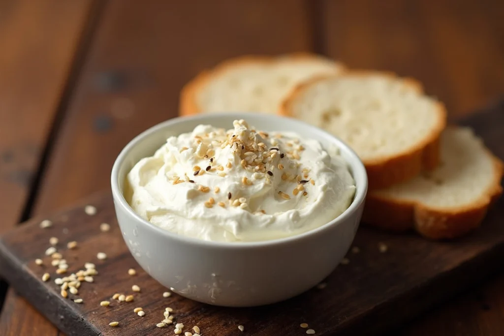 A bowl of creamy white cream cheese on a wooden table with gluten-free bread slices.