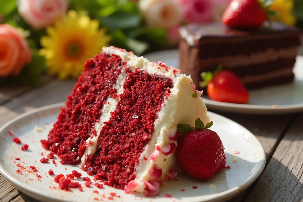 Red velvet and chocolate cakes side by side with distinct textures