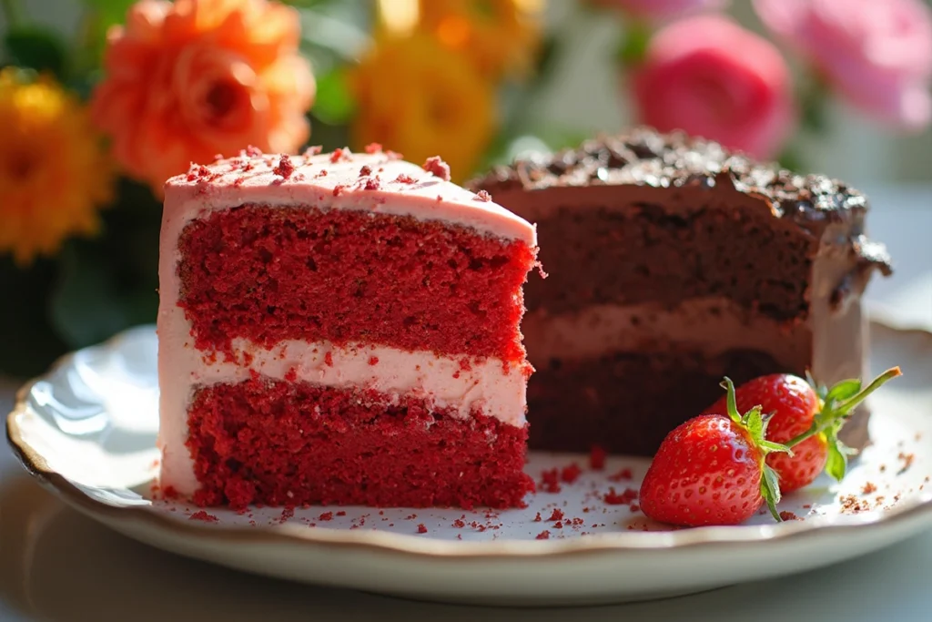 Red velvet and chocolate cakes side by side with distinct textures