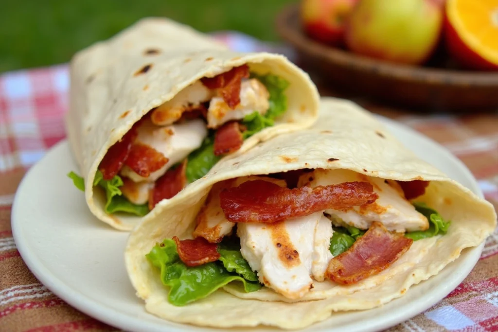 Chicken bacon ranch wrap on a plate with crispy bacon and fresh vegetables