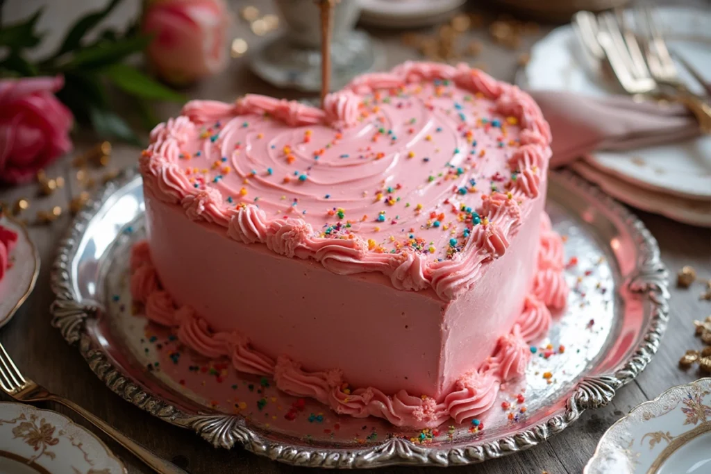 Homemade heart-shaped cake with pink frosting and sprinkles