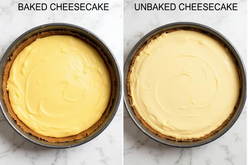 A comparison of a baked cheesecake and an unbaked cheesecake, showcasing the different textures and flavors.