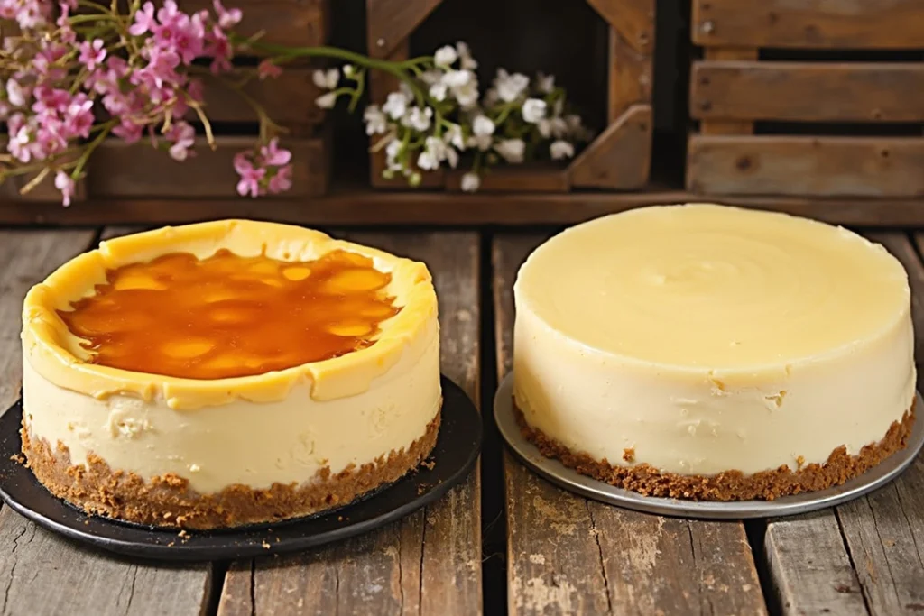 A comparison of a baked cheesecake and an unbaked cheesecake, showcasing the different textures and flavors.