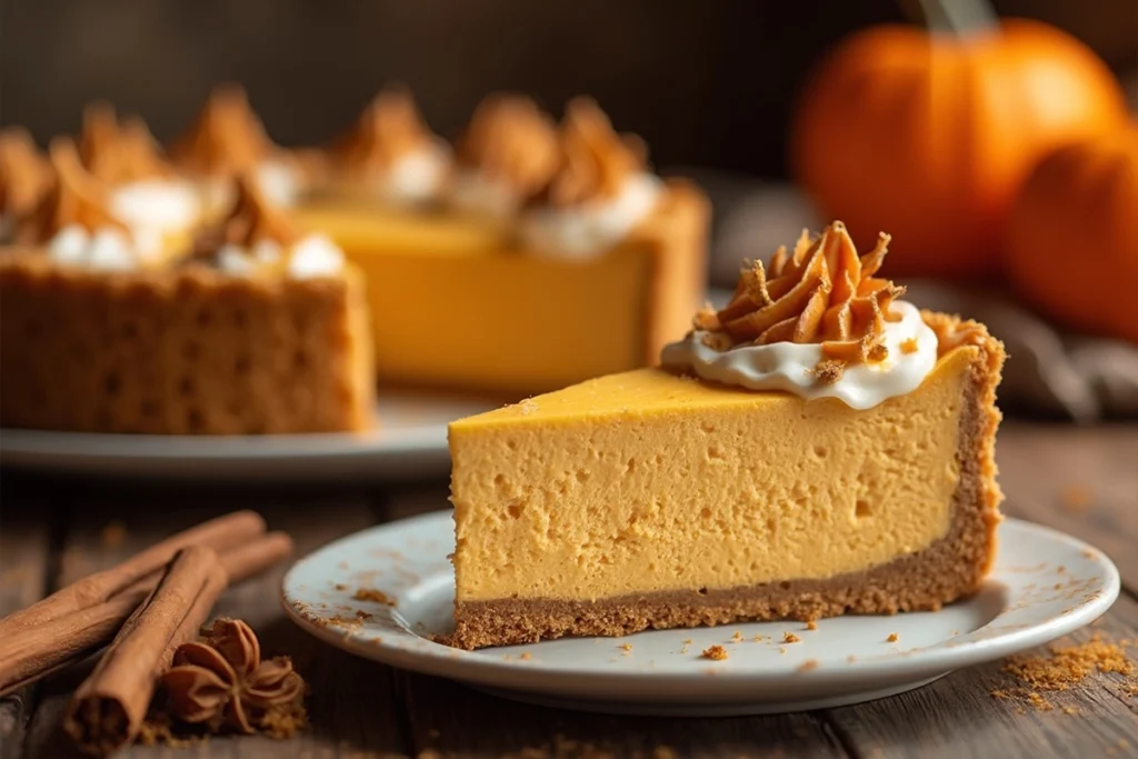 Costco's pumpkin cheesecake with a smooth pumpkin filling and graham cracker crust.