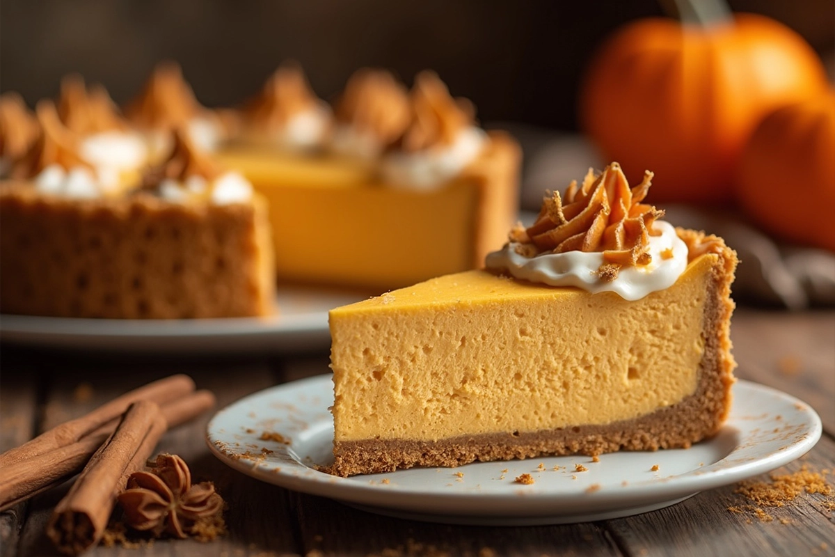 Costco's pumpkin cheesecake with a smooth pumpkin filling and graham cracker crust.