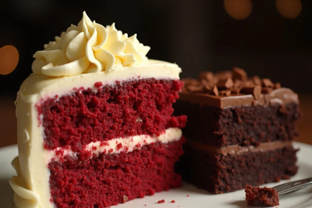 Red velvet cake slice next to chocolate cake slice for comparison