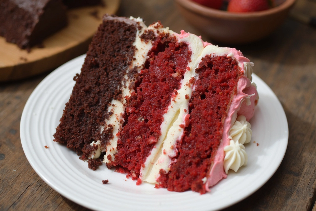 Red velvet cake slice next to chocolate cake slice for comparison