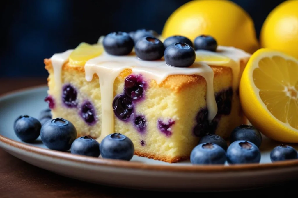 A delicious lemon blueberry cheesecake with a graham cracker crust and fresh blueberries on top.