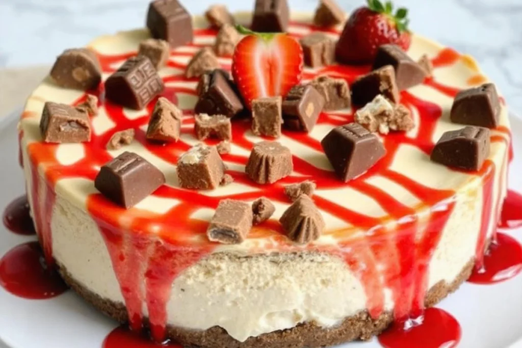 nickers strawberry cheesecake with fresh strawberries and candy topping