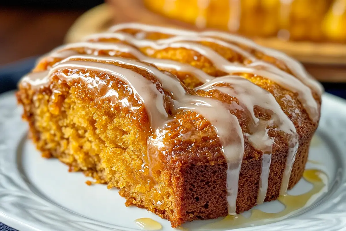 A slice of moist sweet potato honey bun cake topped with a glossy honey glaze and sprinkled with cinnamon.